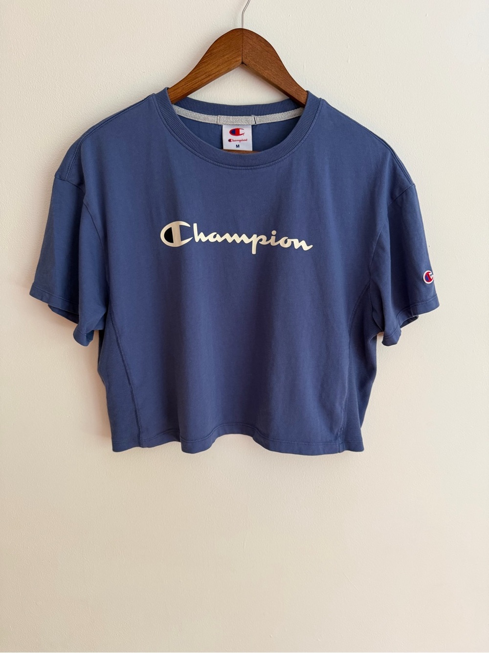 Champion Script Logo Boxy Cropped T-Shirt Slate Steel Blue Ribbed Trim Medium M
